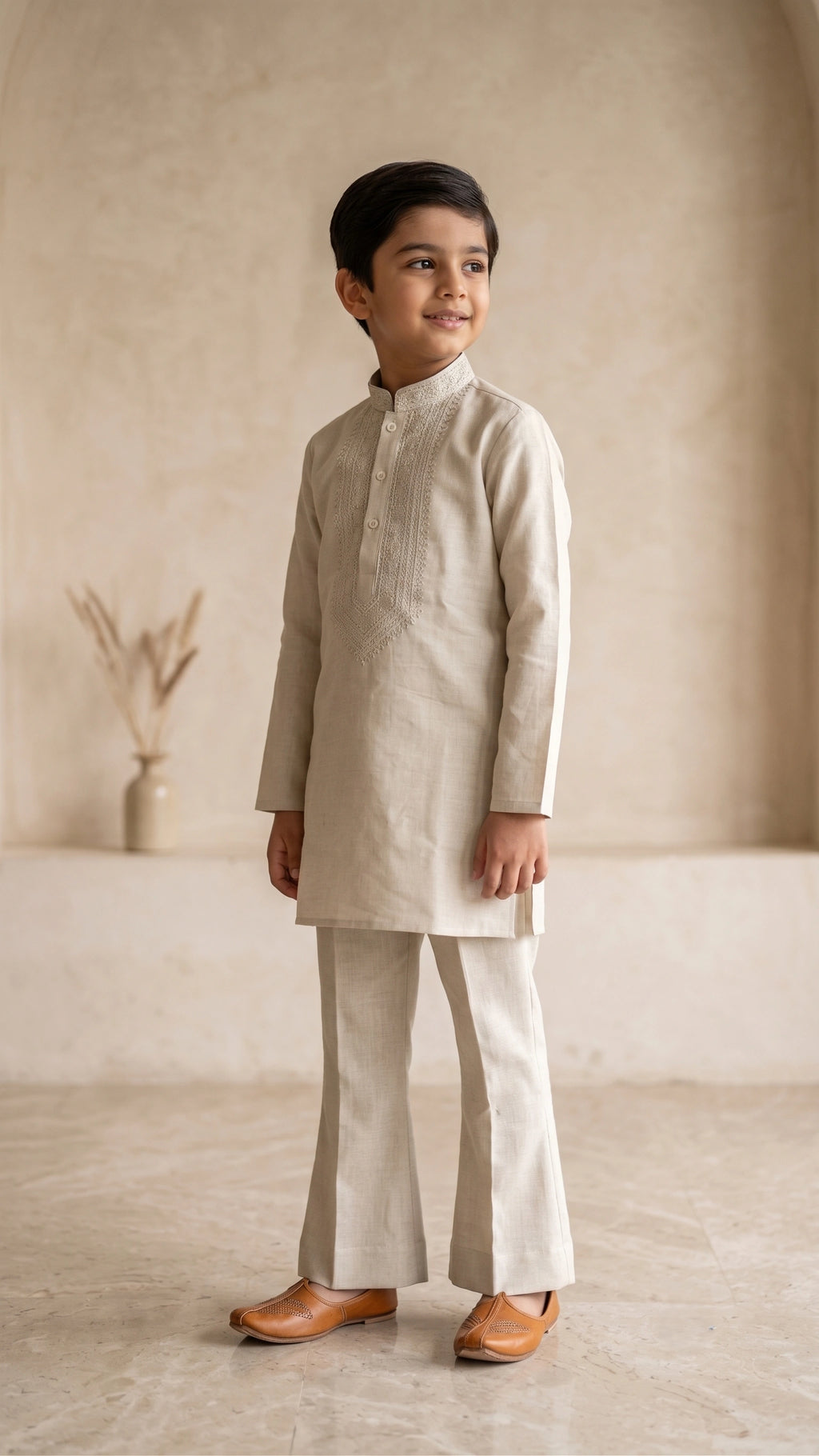 Elegant Cream Thread-Work Kurta & Flared Pant Set for Boys