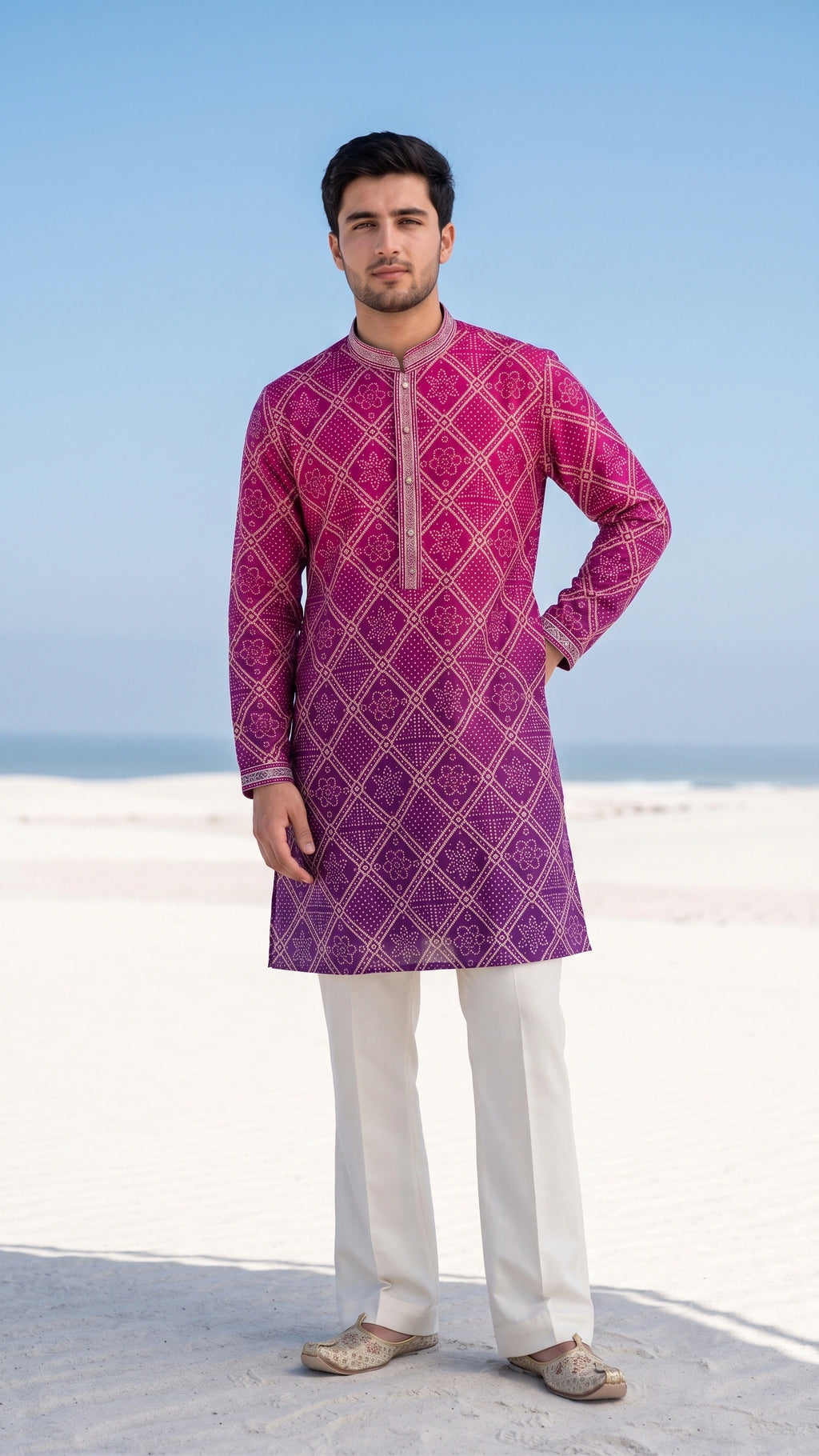 Royal Magenta & Deep Violet Ombré Bandhani Print Kurta
