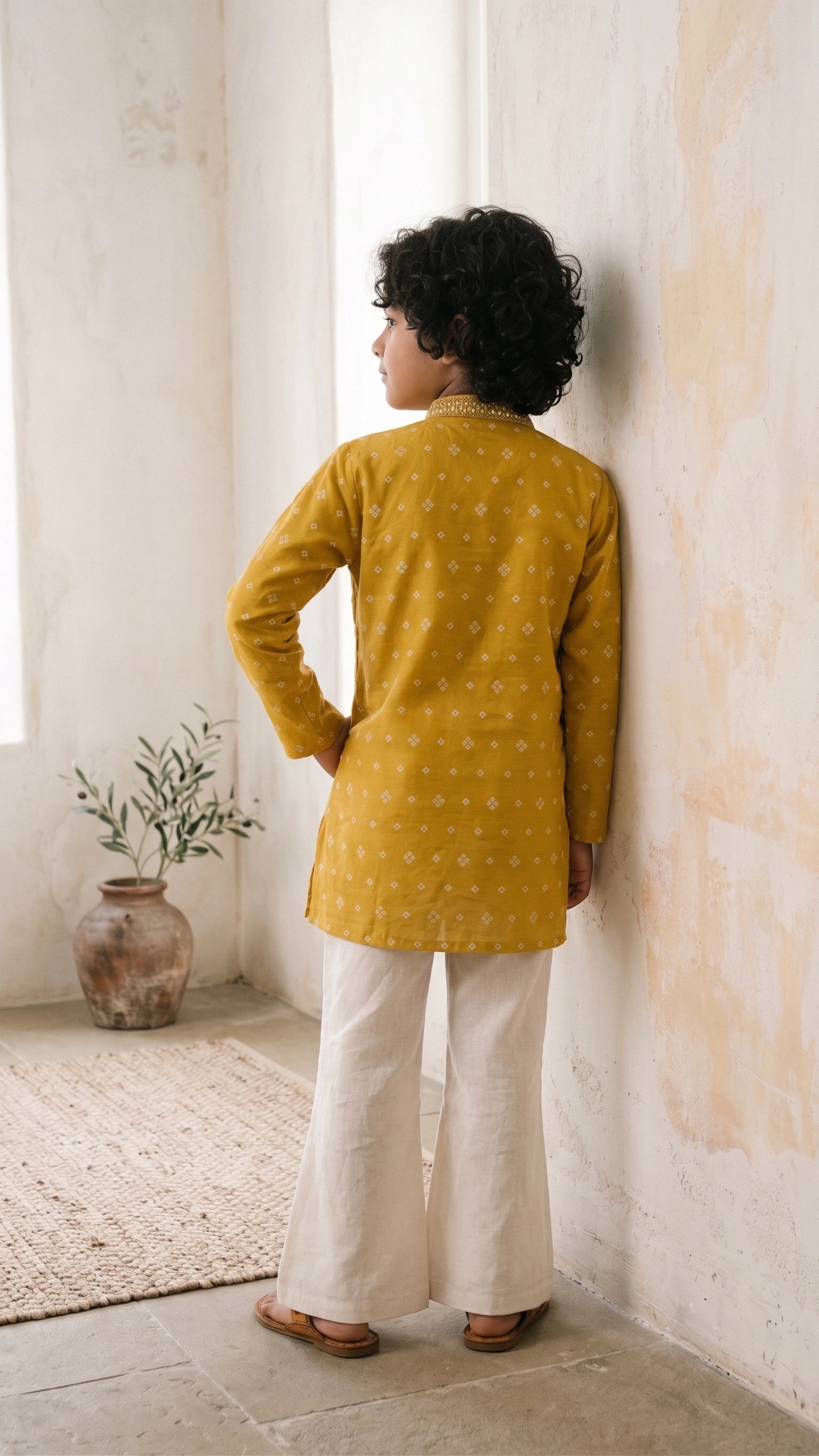 Mustard Yellow Bandhani Print Kurta Set with Mirror Work Neckline & Off-White Flared Trousers