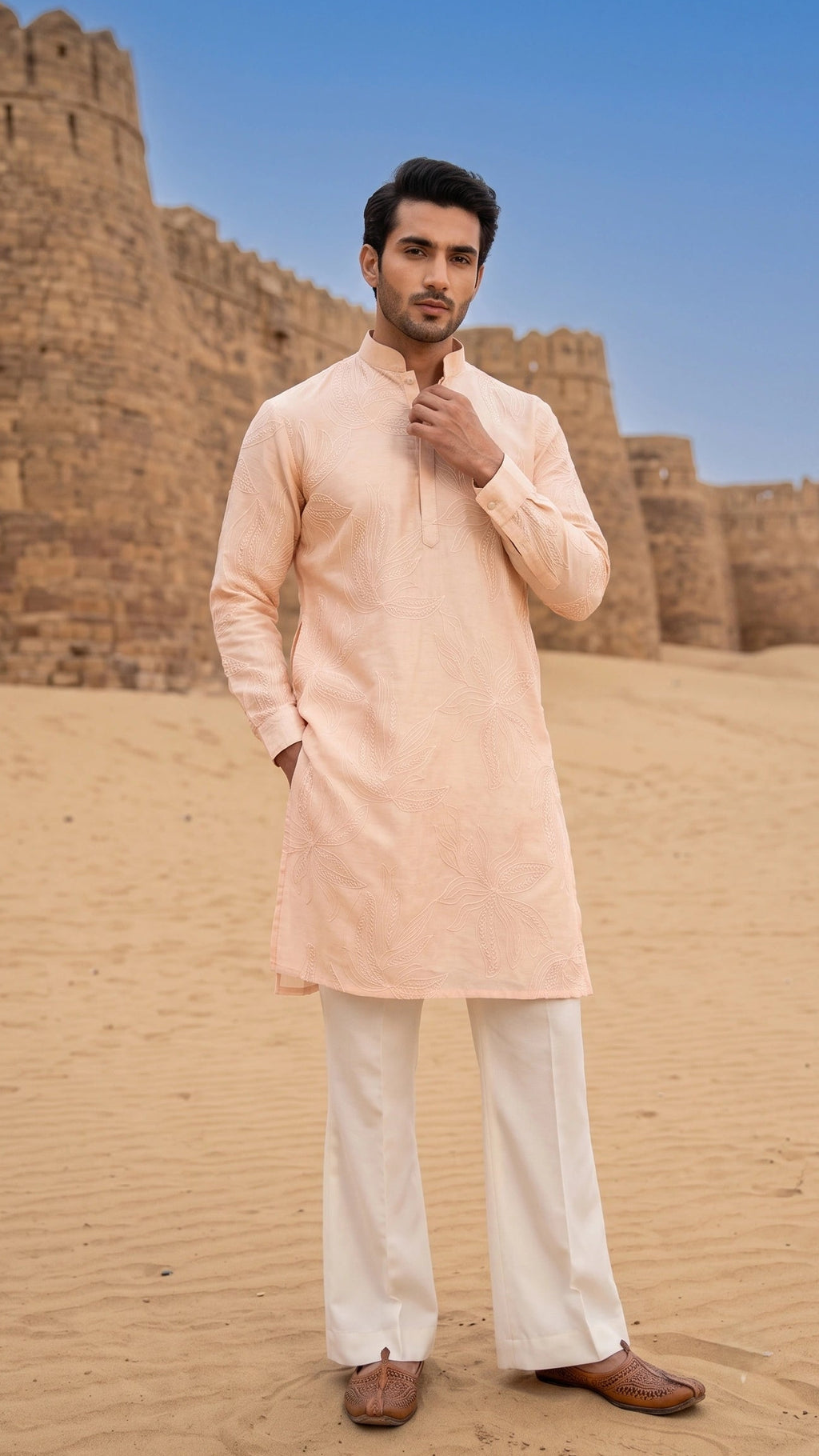 Pastel Peach Embroidered Kurta with Mandarin Collar & Cuffed Sleeves