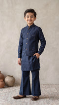 Boys Navy Blue Embroidered Nehru Jacket Set with Kurta & Broad-Fit Trousers