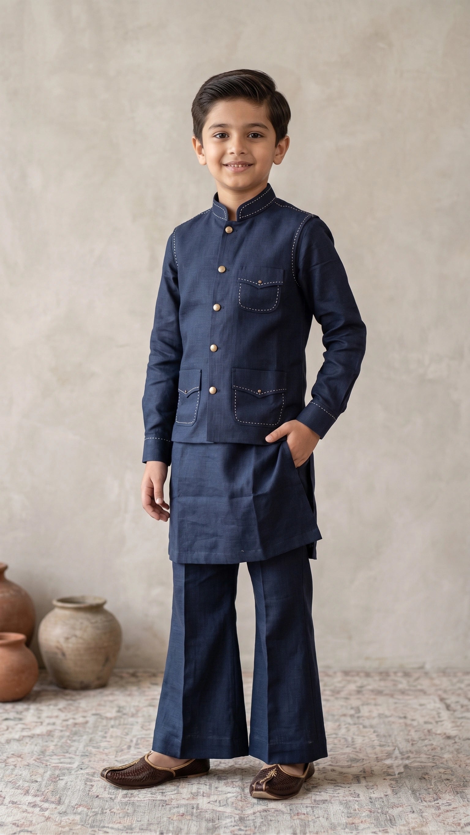 Boys Navy Blue Embroidered Nehru Jacket Set with Kurta & Broad-Fit Trousers