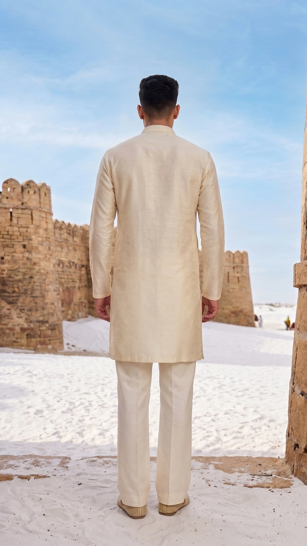 Ivory Gold Embroidered Raw Silk Kurta Set with Flared Trousers