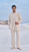 Ivory Textured Bandhgala Set with Delicate Floral Resham Embroidery