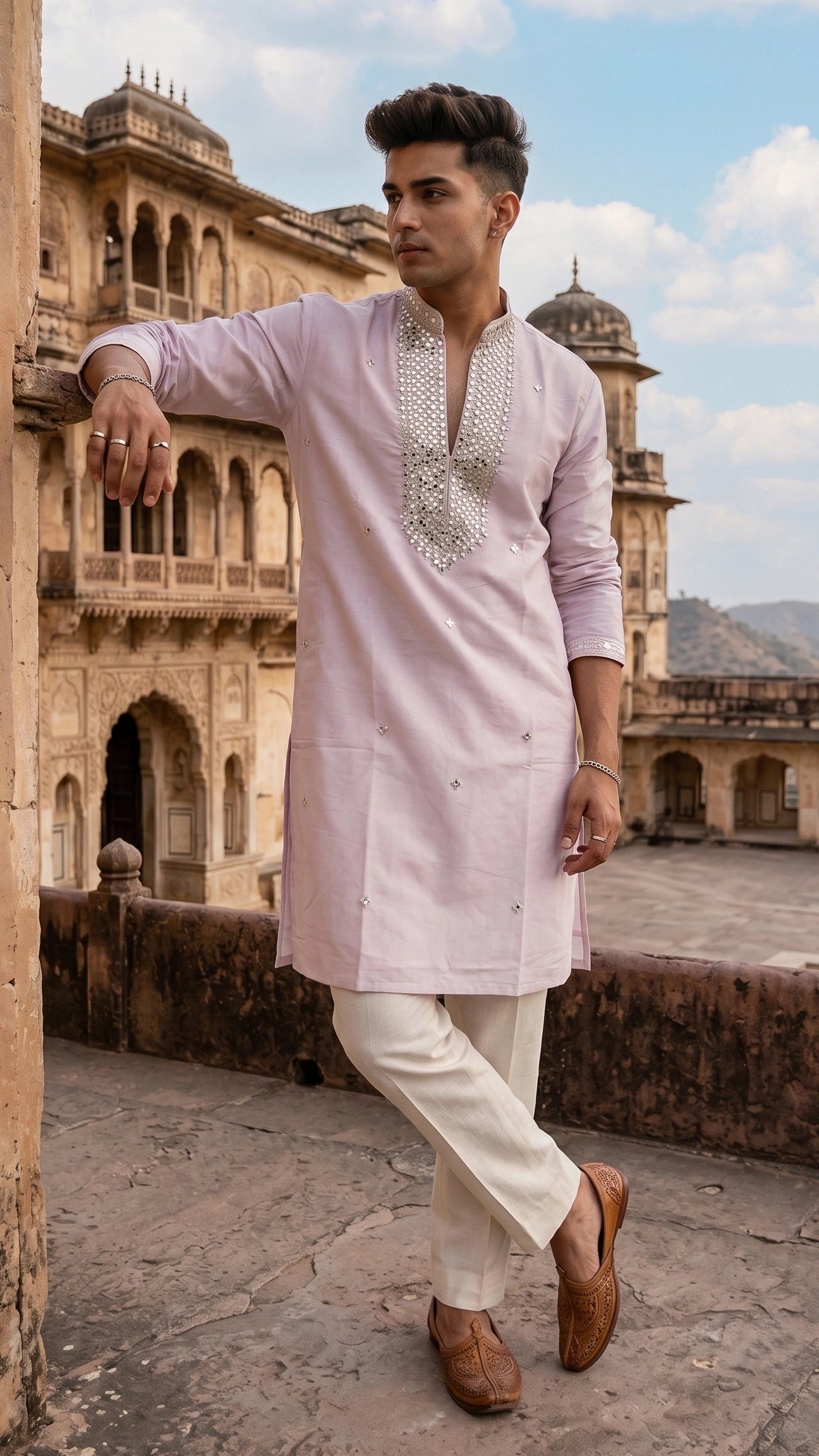 Pale Blush Mirror & Sequence Embellished Festive Kurta