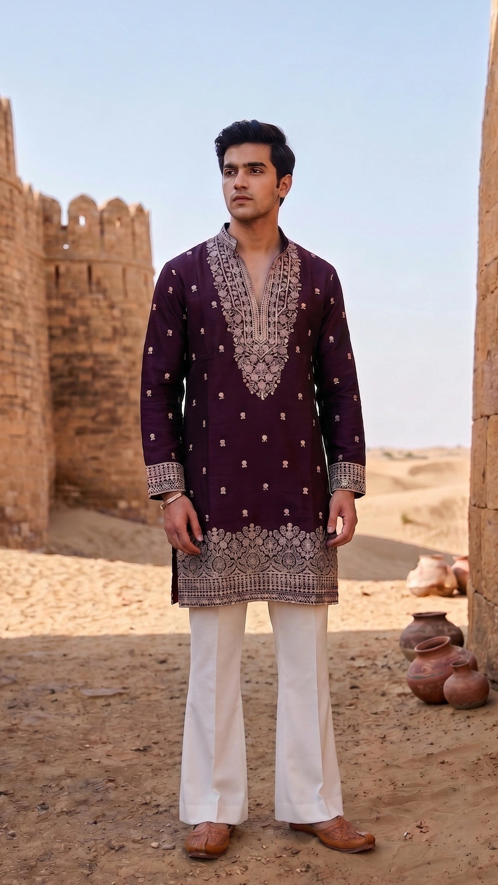 Deep Wine Embroidered Raw Silk Kurta with Mirror & Resham Work