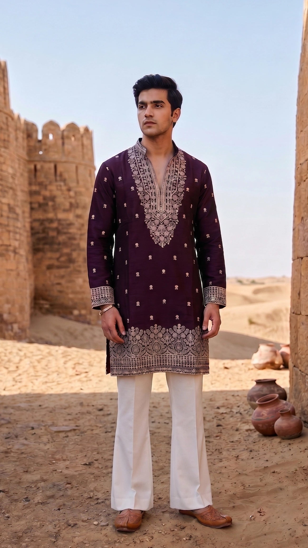 Deep Wine Embroidered Raw Silk Kurta with Mirror & Resham Work