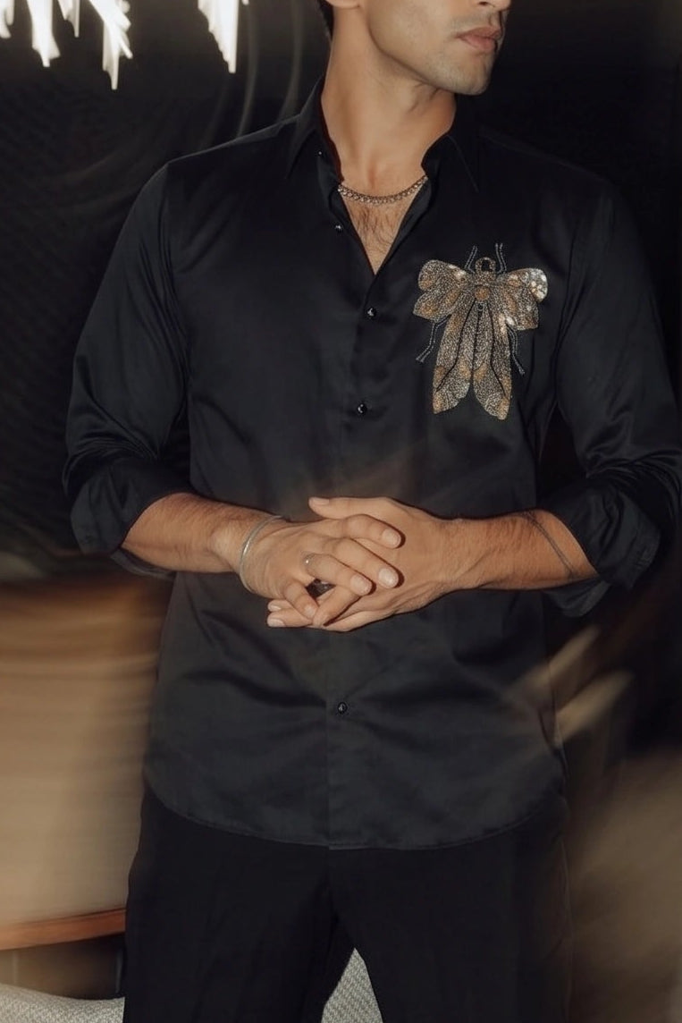 Midnight Black Premium Cotton Shirt with Gold Embellished Bee Motif