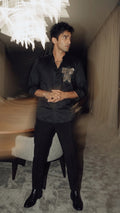 Midnight Black Premium Cotton Shirt with Gold Embellished Bee Motif