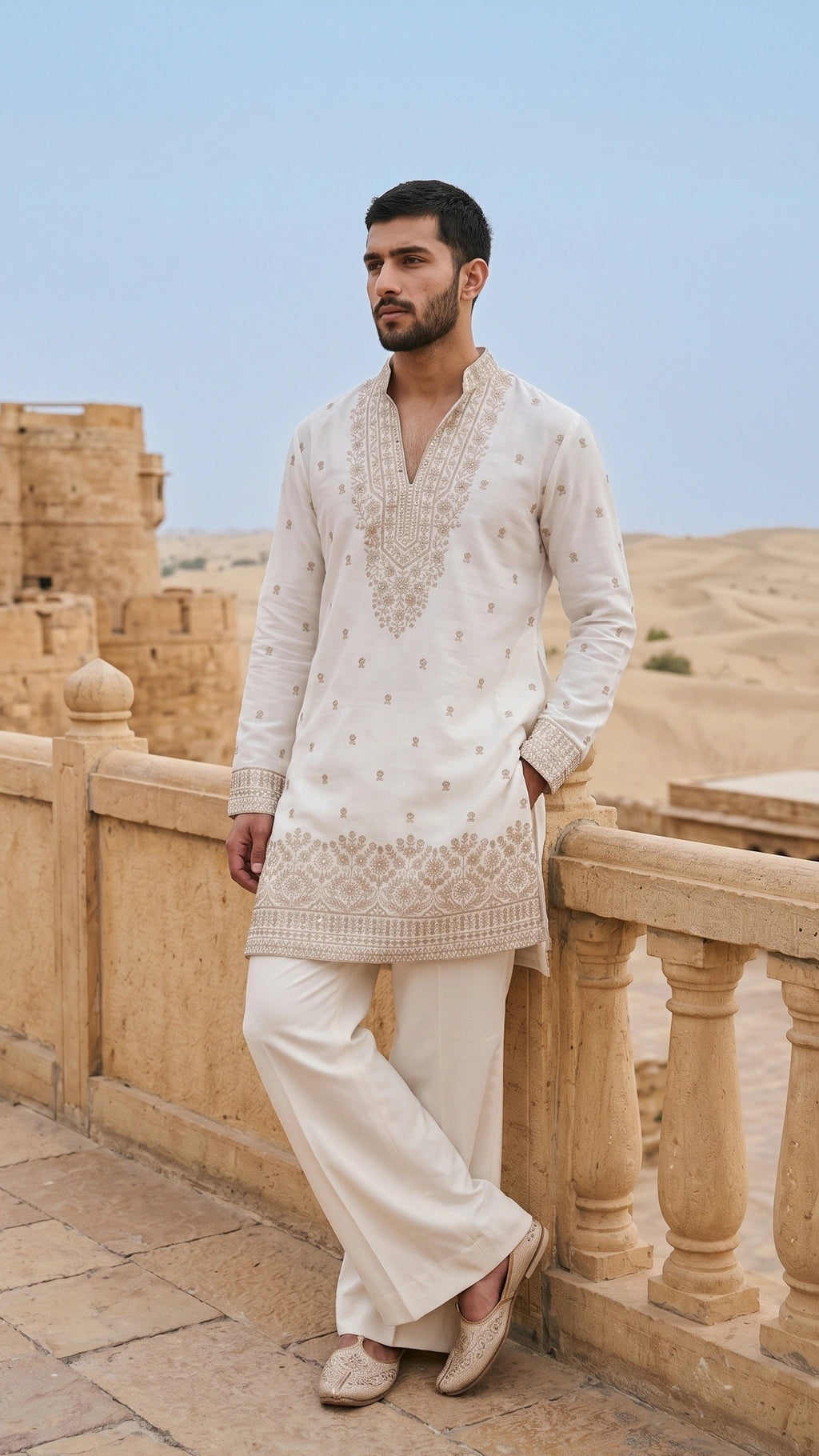 Ivory & Antique Gold Embroidered Silk Kurta