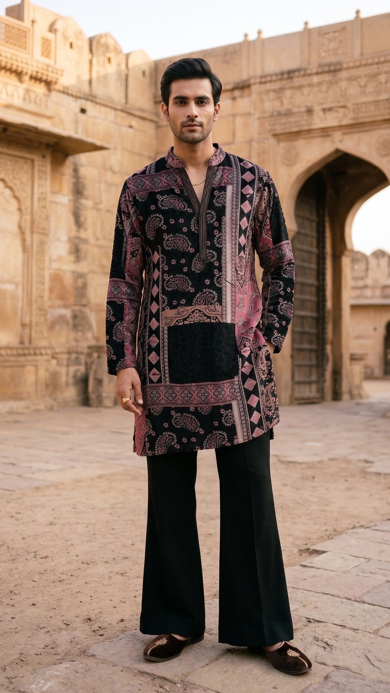 Midnight Black & Dusty Rose Velvet Patchwork Kurta