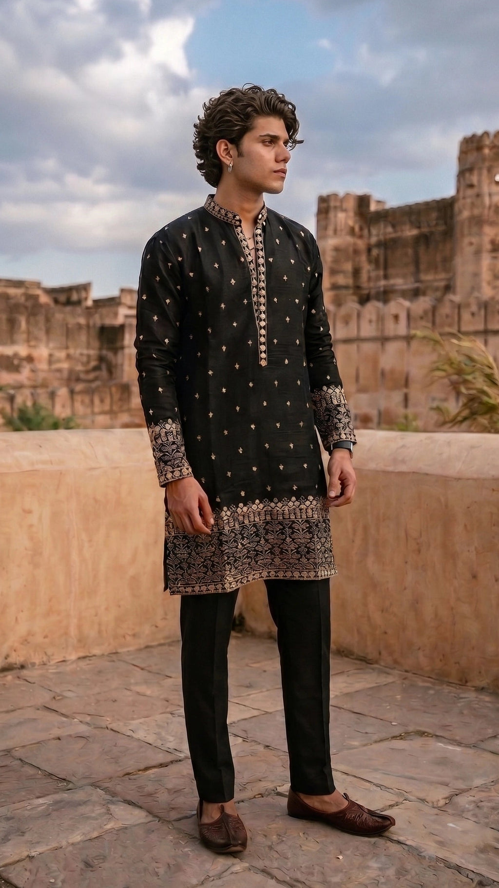 Midnight Black Embroidered Silk Kurta Set with Intricate Daman & Cuffs
