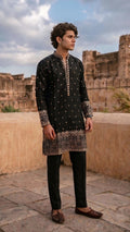 Midnight Black Embroidered Silk Kurta Set with Intricate Daman & Cuffs