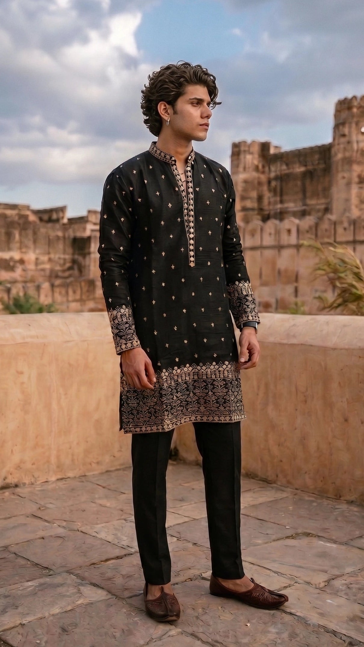 Midnight Black Embroidered Silk Kurta Set with Intricate Daman & Cuffs