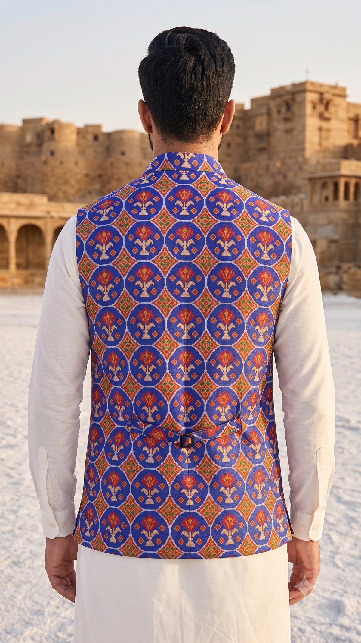 Handcrafted Floral Ikat & Patola Print Bandhgala Waistcoat in Royal Blue