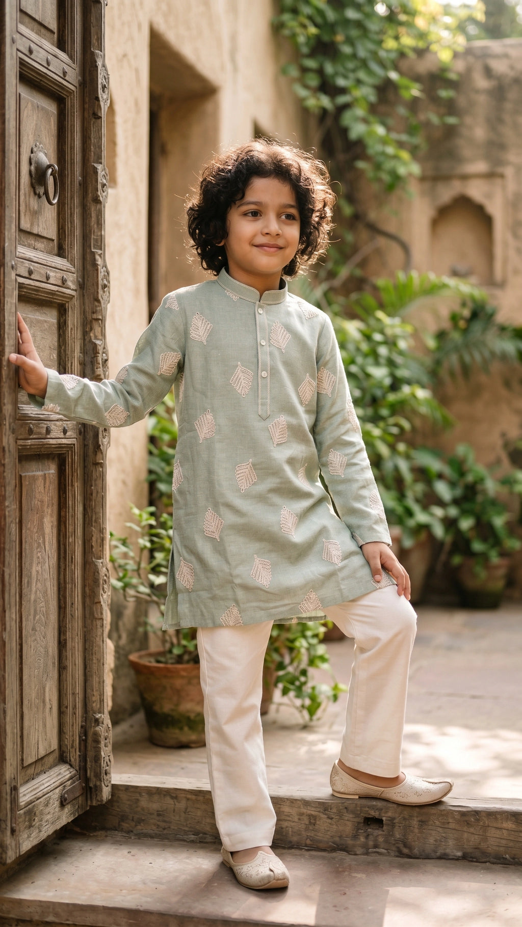 Boys' Mint Sage Leaf-Embroidered Kurta & Off-White Pant Set