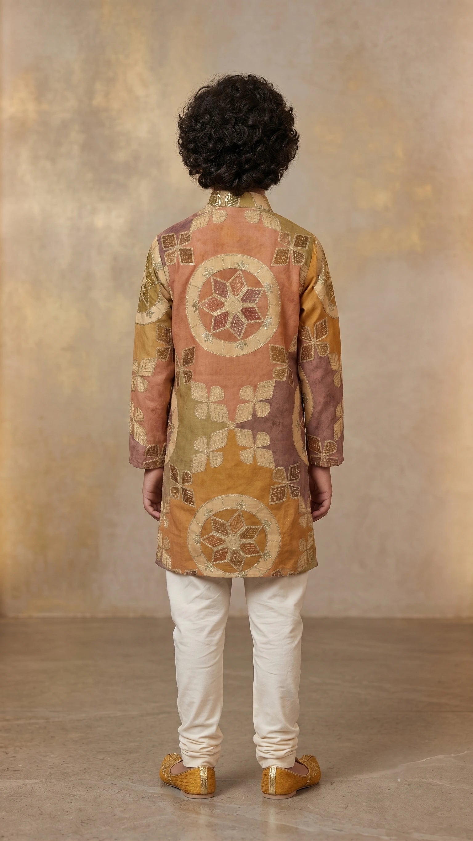 Boys Multi-Color Geometric Printed Silk Blend Kurta Set