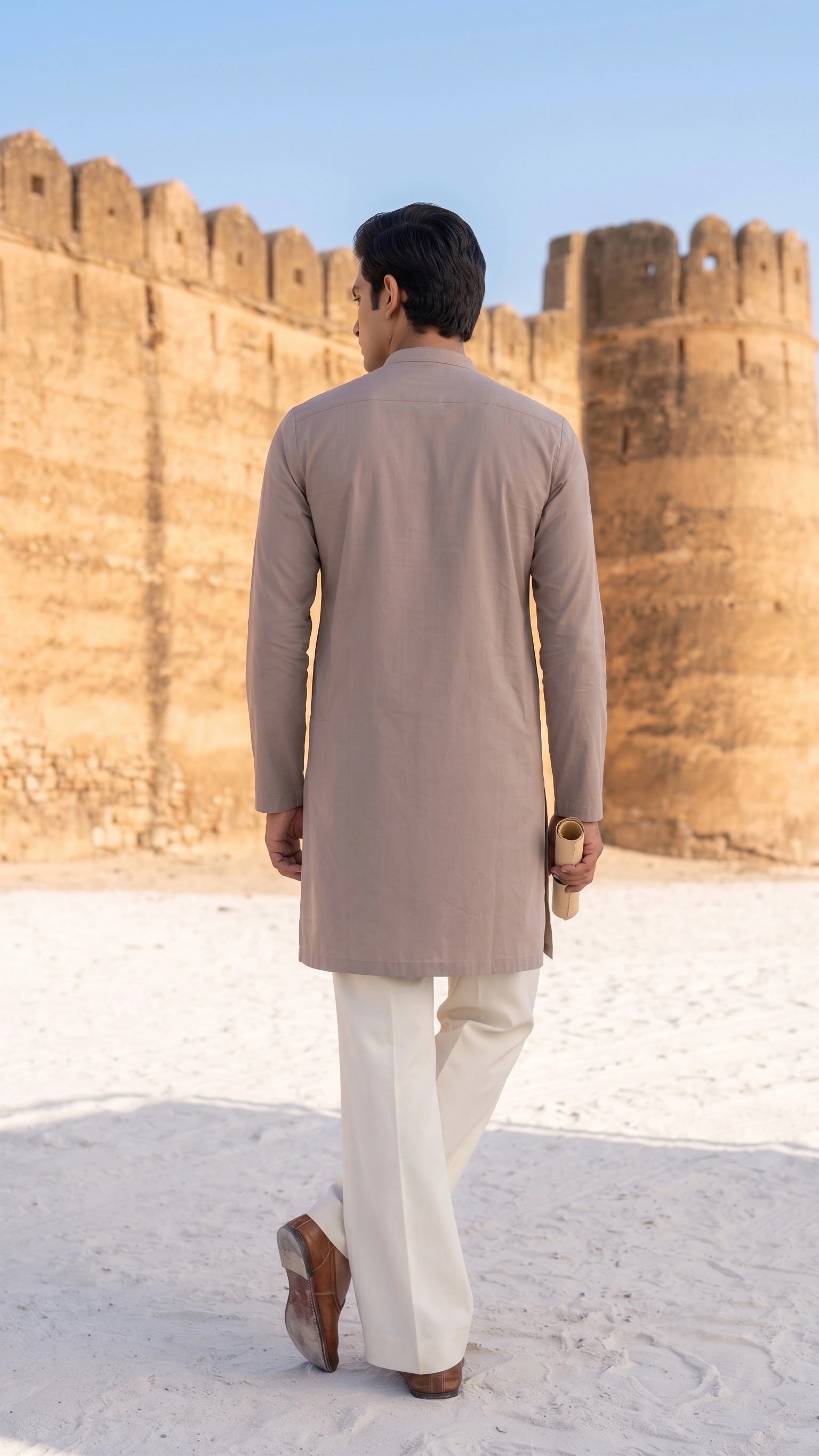 Men’s Taupe Heritage Kurta with Pastel Floral Embroidery