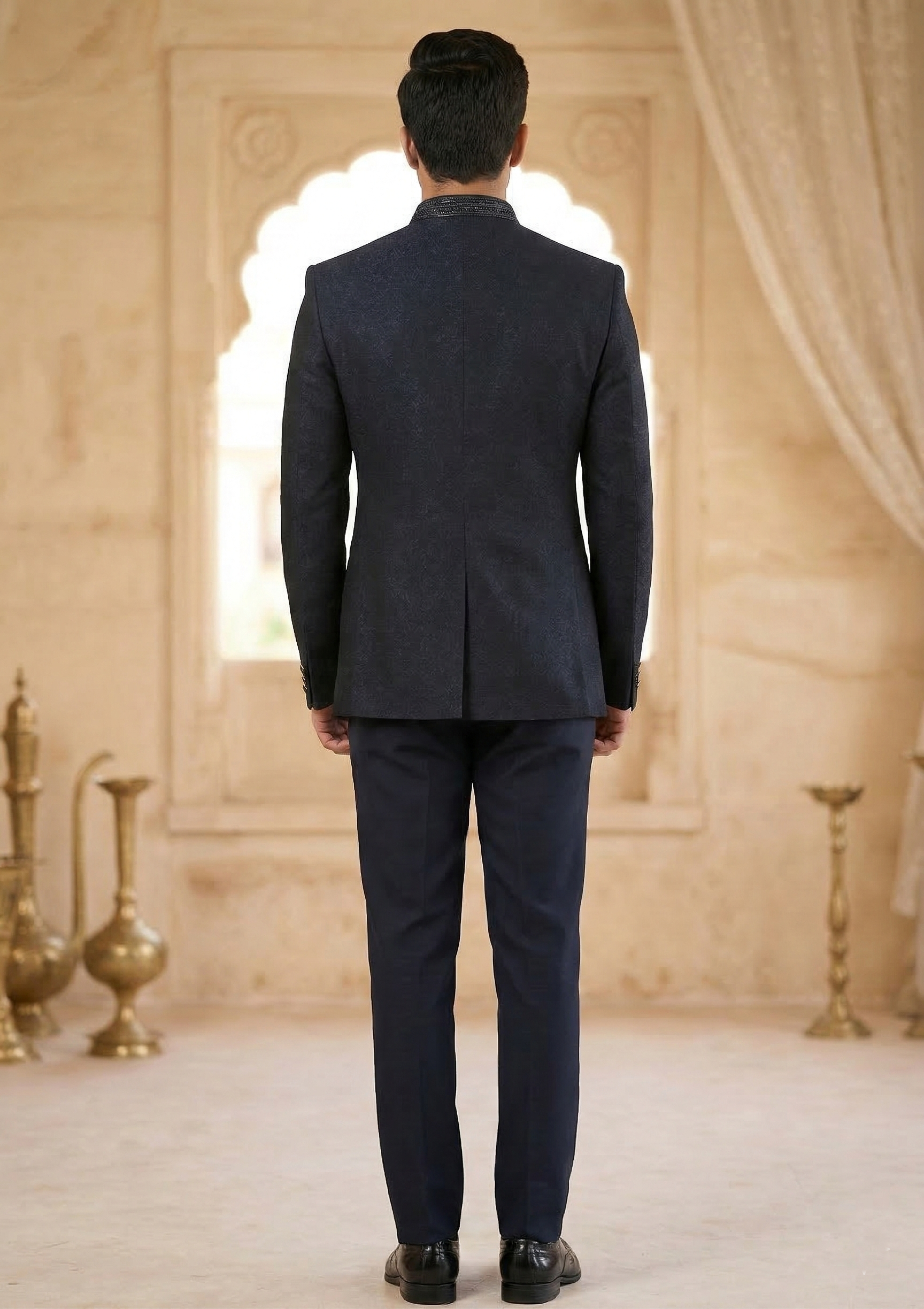 Midnight Navy Textured Jodhpur Suit with Embellished Mandarin Collar