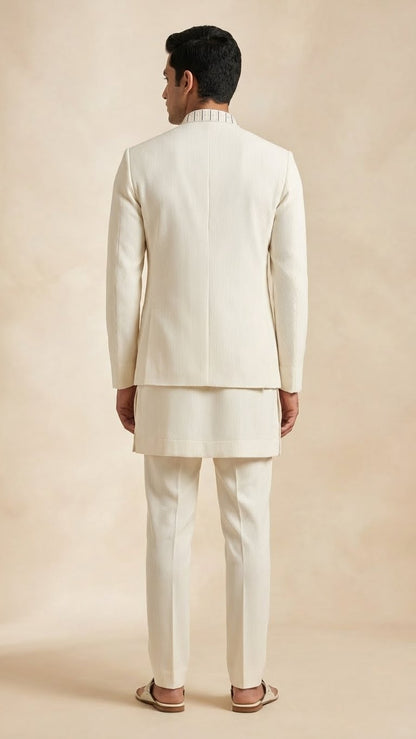 Ivory Thread-Embroidered Kurta Jacket Set