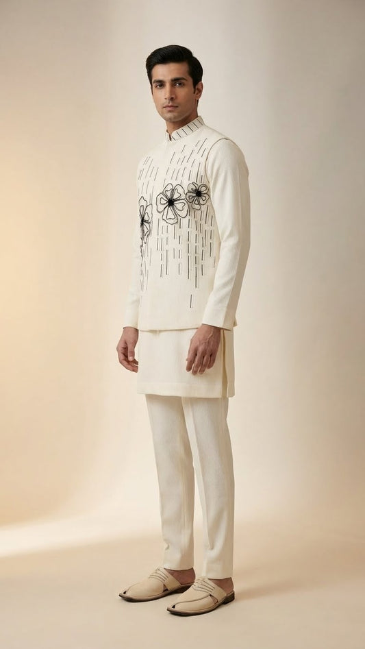 Ivory Thread-Embroidered Kurta Jacket Set