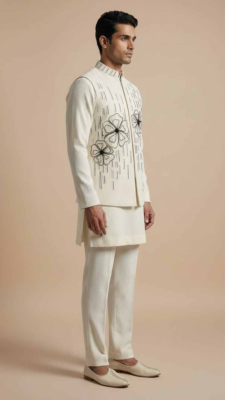 Ivory Thread-Embroidered Kurta Jacket Set