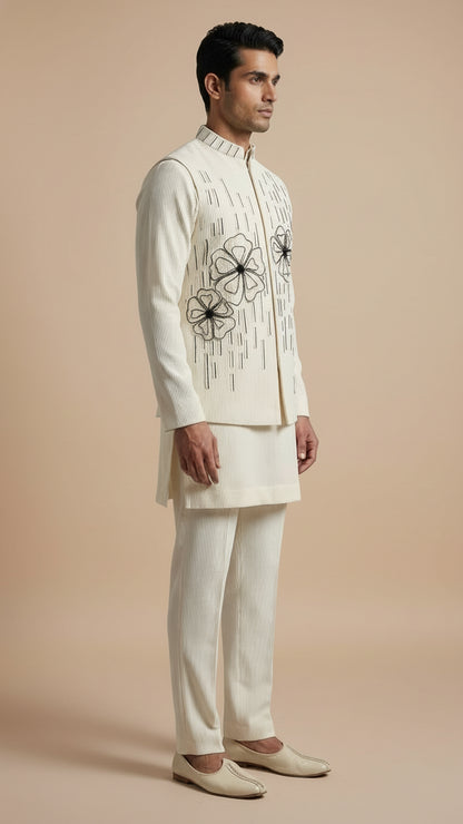 Ivory Thread-Embroidered Kurta Jacket Set
