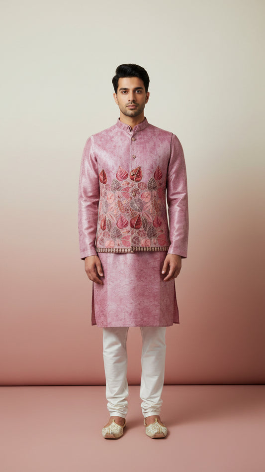 Dusty Pink Leaf-Embroidered Kurta Jacket Set