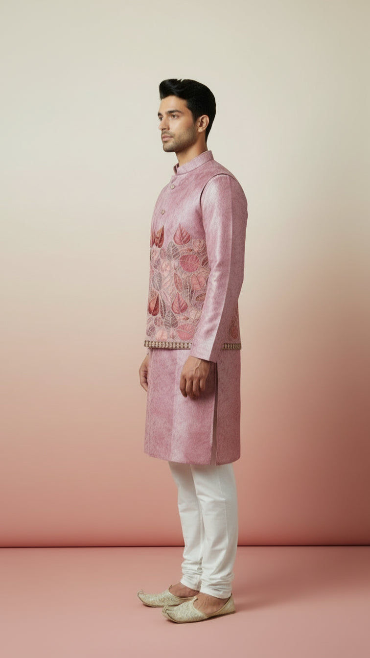 Dusty Pink Leaf-Embroidered Kurta Jacket Set