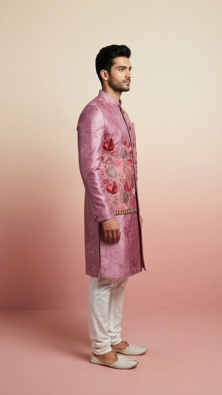 Dusty Pink Leaf-Embroidered Kurta Jacket Set