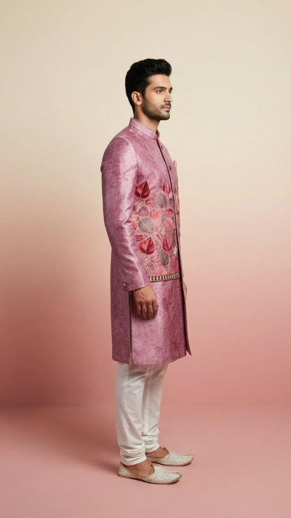 Dusty Pink Leaf-Embroidered Kurta Jacket Set