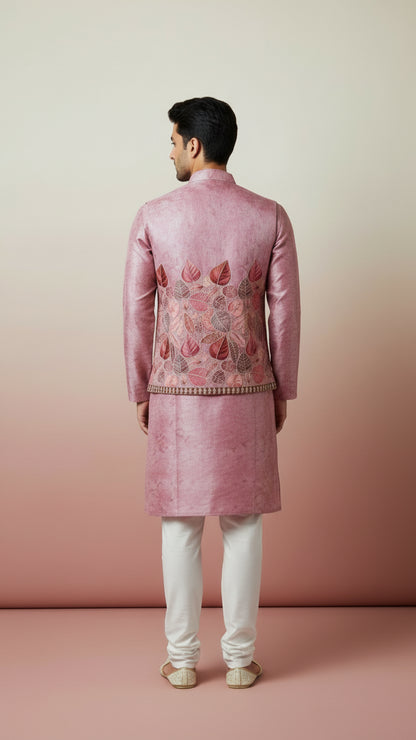 Dusty Pink Leaf-Embroidered Kurta Jacket Set