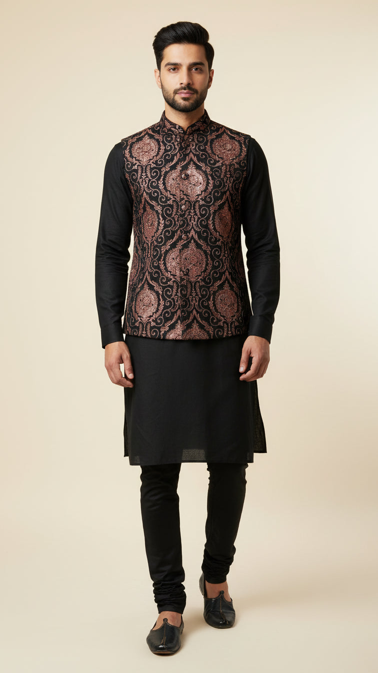 Black Kurta Set with Copper Brocade Nehru Jacket – Premium Ethnic Menswear