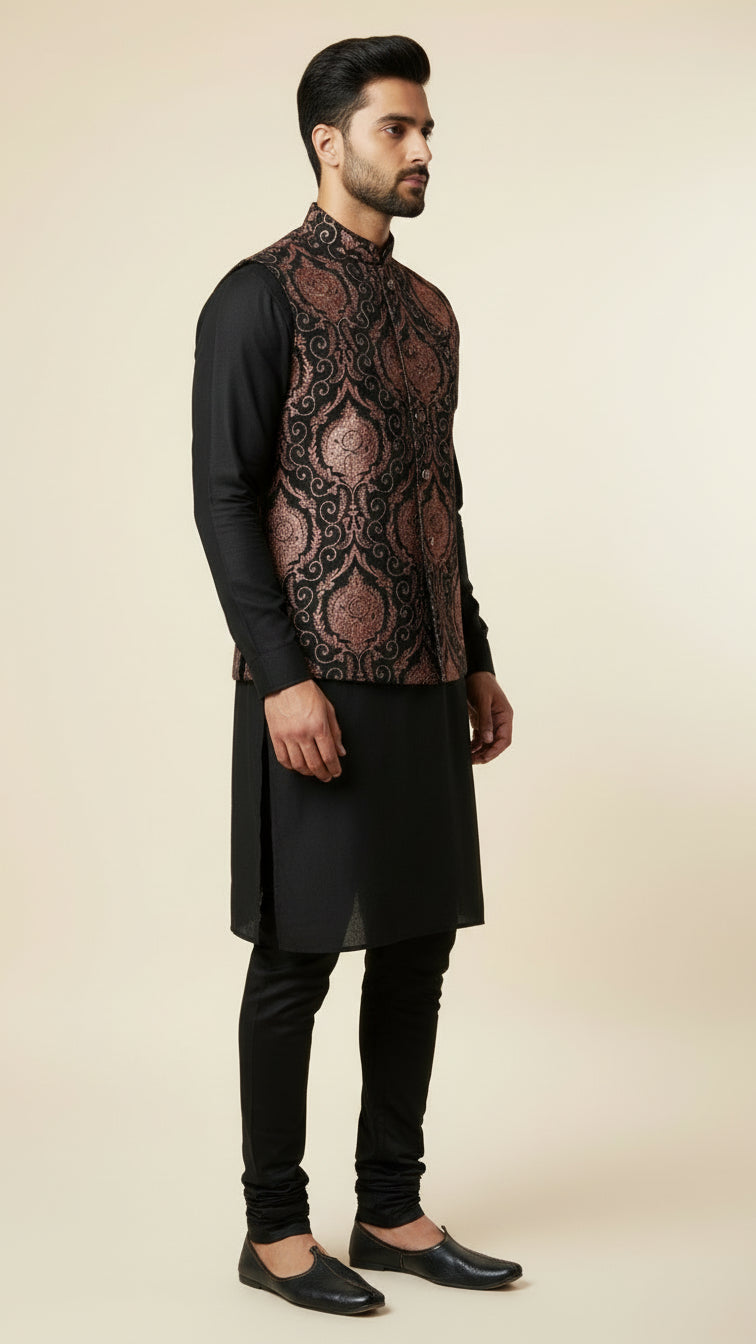 Black Kurta Set with Copper Brocade Nehru Jacket – Premium Ethnic Menswear