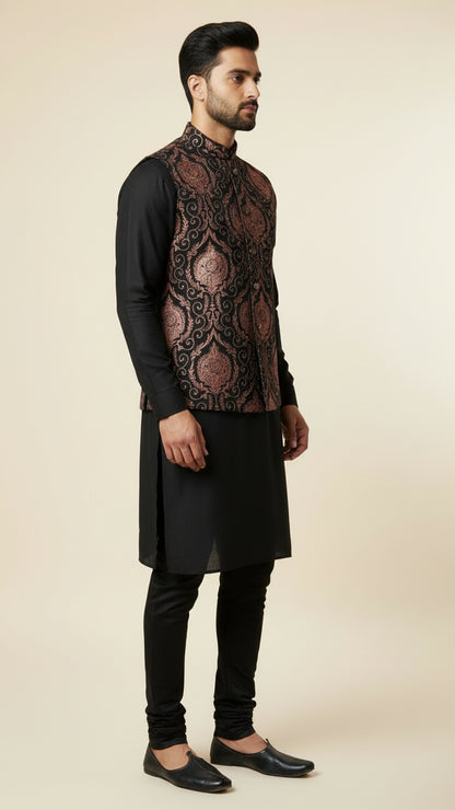 Black Kurta Set with Copper Brocade Nehru Jacket – Premium Ethnic Menswear