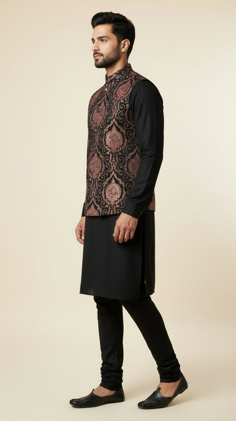 Black Kurta Set with Copper Brocade Nehru Jacket – Premium Ethnic Menswear