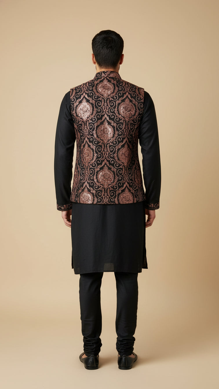 Black Kurta Set with Copper Brocade Nehru Jacket – Premium Ethnic Menswear