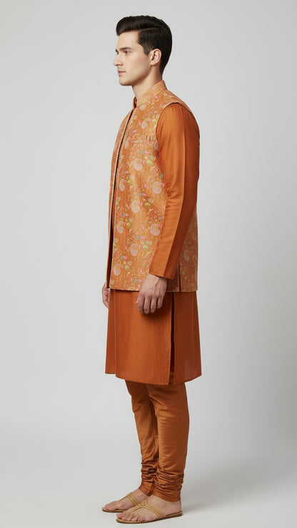 Rust Kurta Set with Floral Brocade Nehru Jacket – Elegant Festive Menswear