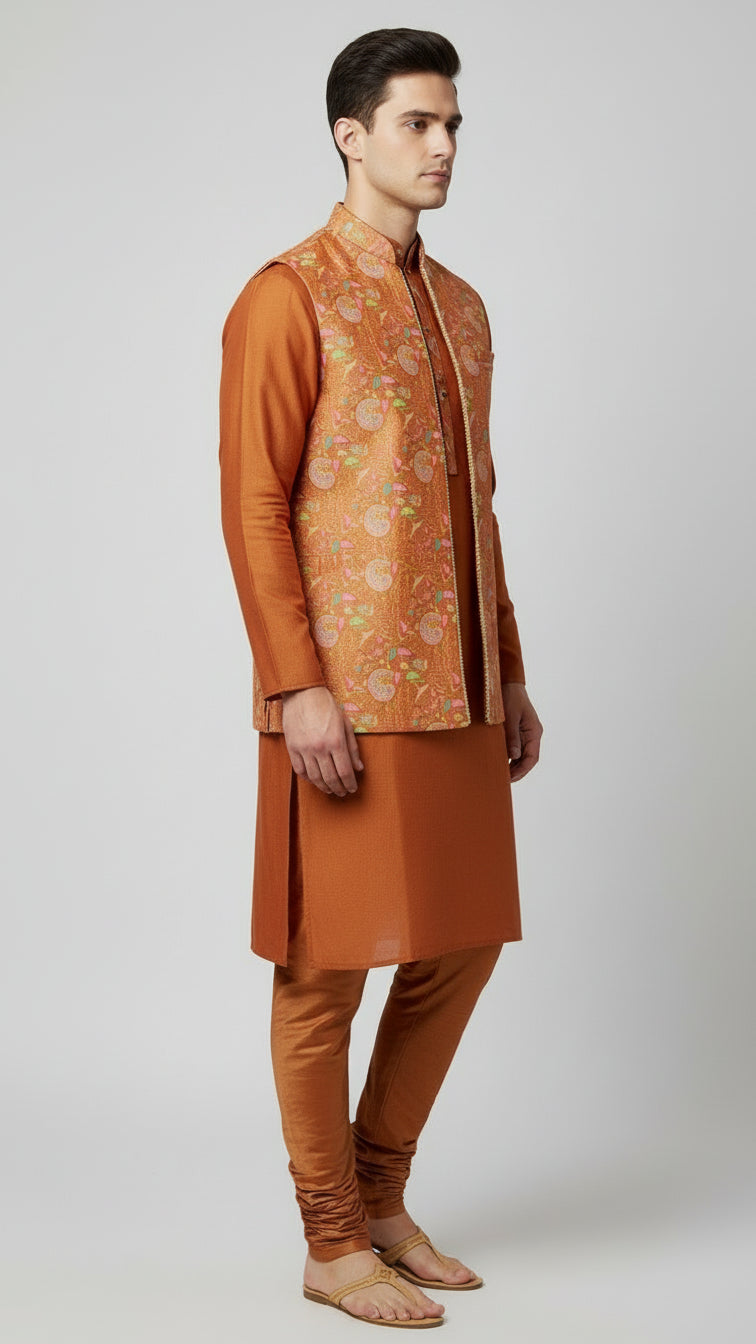 Rust Kurta Set with Floral Brocade Nehru Jacket – Elegant Festive Menswear