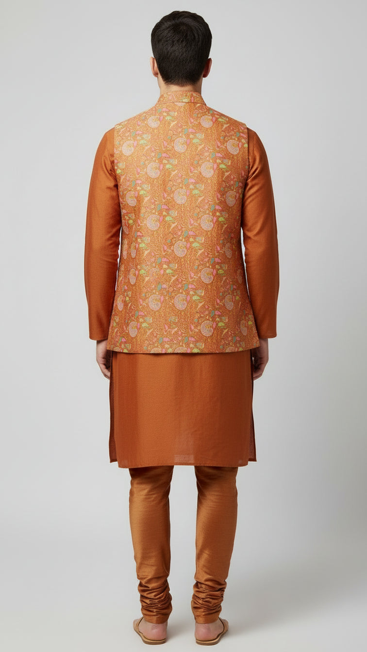 Rust Kurta Set with Floral Brocade Nehru Jacket – Elegant Festive Menswear