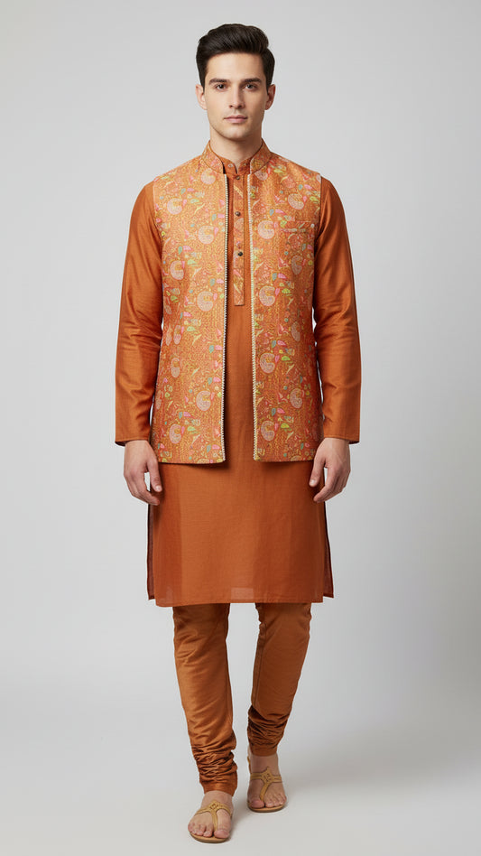 Rust Kurta Set with Floral Brocade Nehru Jacket – Elegant Festive Menswear