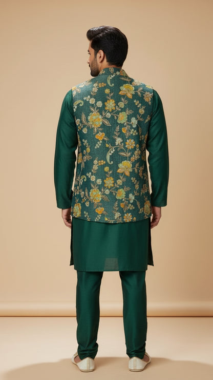 Emerald Green Kurta Set with Golden Floral Brocade Nehru Jacket – Premium Festive Menswear