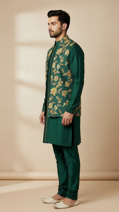 Emerald Green Kurta Set with Golden Floral Brocade Nehru Jacket – Premium Festive Menswear