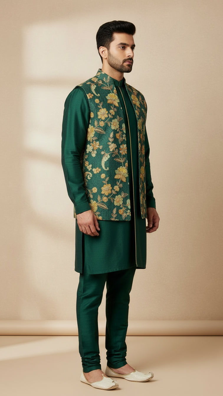 Emerald Green Kurta Set with Golden Floral Brocade Nehru Jacket – Premium Festive Menswear