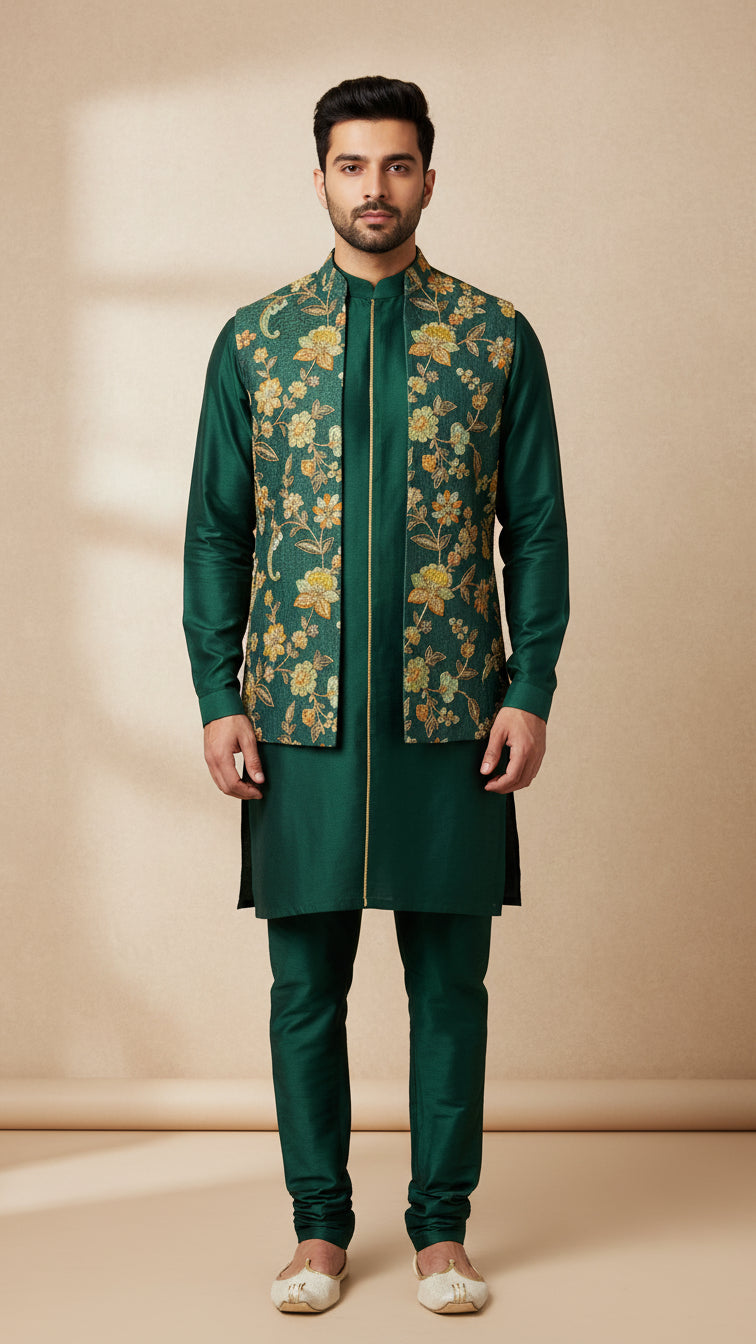 Emerald Green Kurta Set with Golden Floral Brocade Nehru Jacket – Premium Festive Menswear