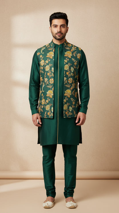 Emerald Green Kurta Set with Golden Floral Brocade Nehru Jacket – Premium Festive Menswear