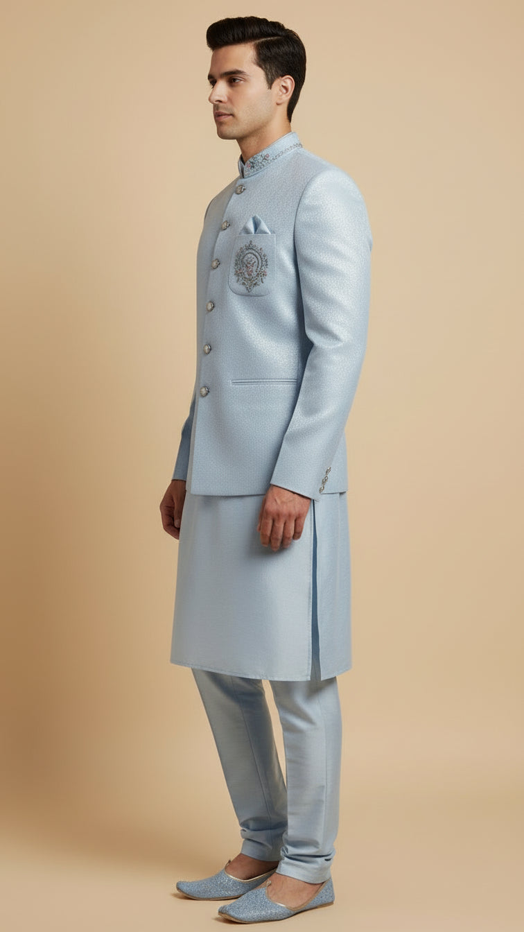 Pastel Blue Textured Kurta Set with Embroidered Bandhgala Jacket – Sophisticated Wedding Menswear