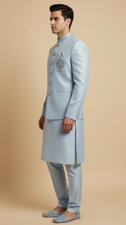 Pastel Blue Textured Kurta Set with Embroidered Bandhgala Jacket – Sophisticated Wedding Menswear