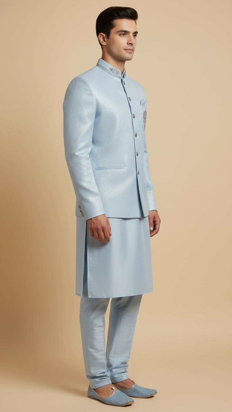Pastel Blue Textured Kurta Set with Embroidered Bandhgala Jacket – Sophisticated Wedding Menswear