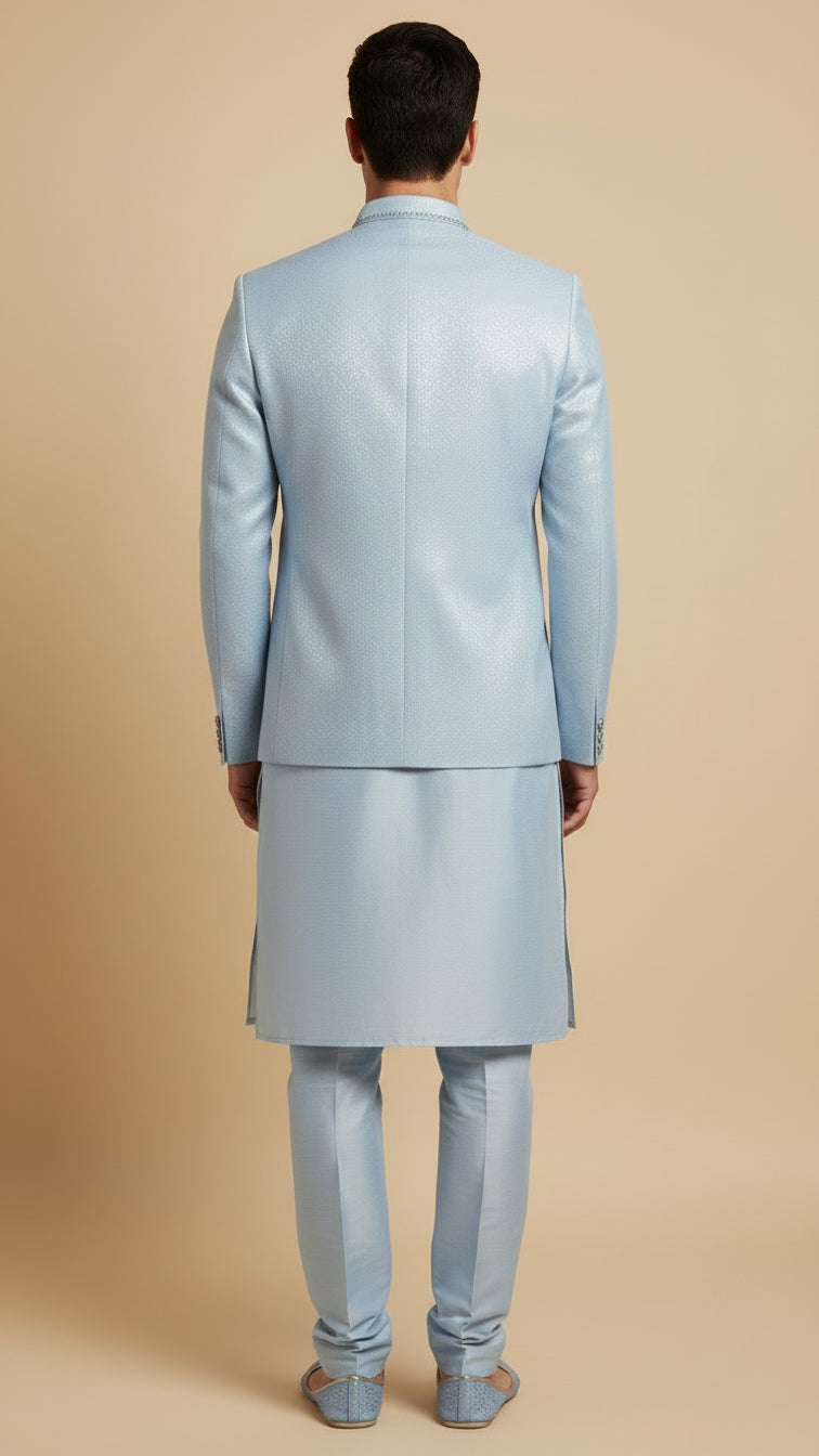 Pastel Blue Textured Kurta Set with Embroidered Bandhgala Jacket – Sophisticated Wedding Menswear